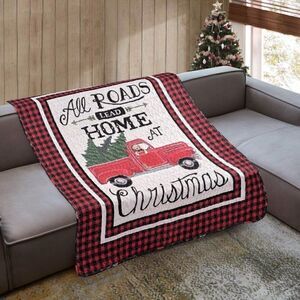 NEW! Farmhouse Old Red Truck Christmas Plaid Throw Blanket Vintage Country